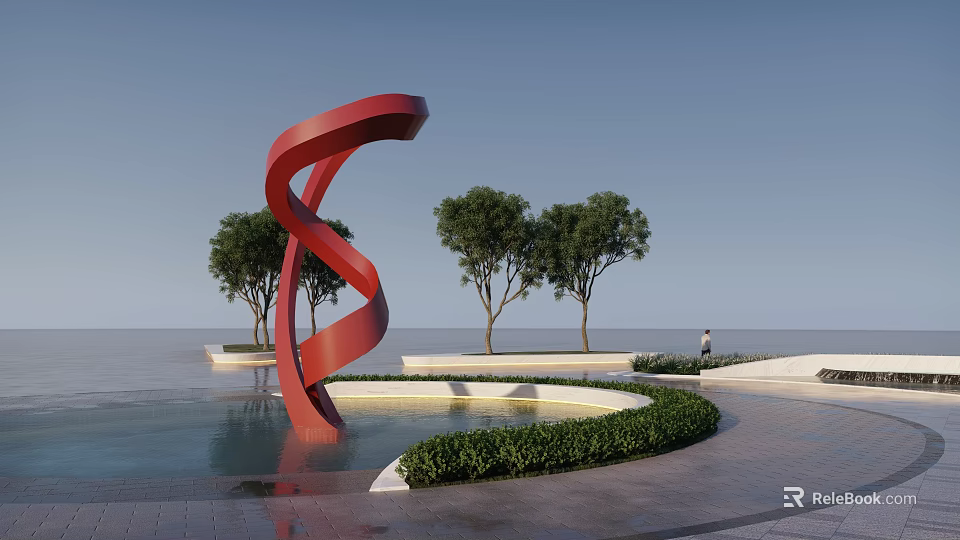 Outdoor Red Spiral Sculpture by Pool with Trees and Sea View 3d model 