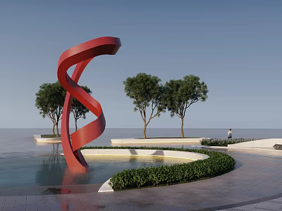 Outdoor Red Spiral Sculpture by Pool with Trees and Sea View 3d model