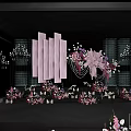 Elegant Banquet Hall With Pink Floral Aisle Decoration Drapes And Chandeliers For Wedding Event