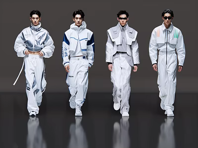 Women Models Walking The Runway In Modern White Outfits With Blue Details 3d model