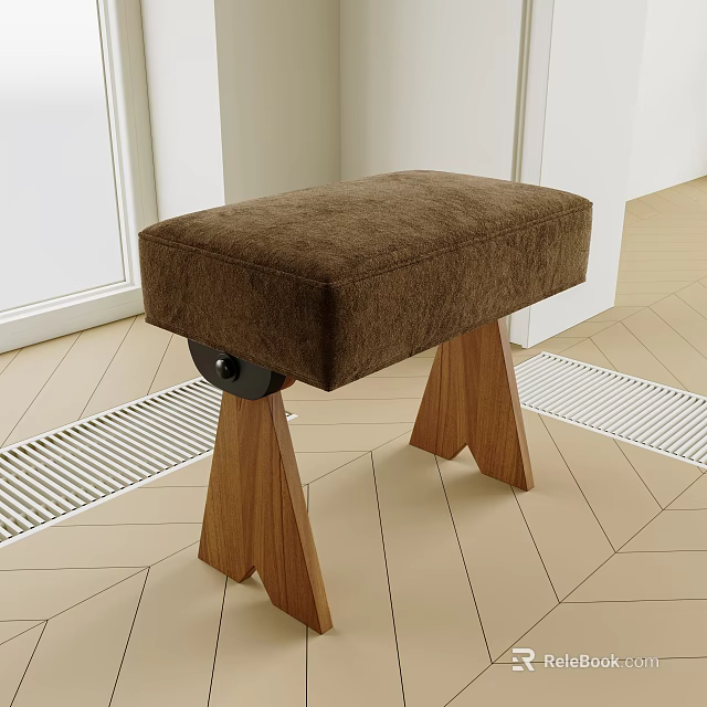 Brown Padded Stool With Wooden Legs Modern Comfortable Indoor Simple Design 3d model 