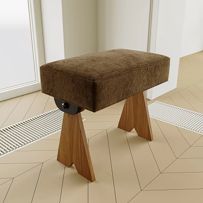 Brown Padded Stool With Wooden Legs Modern Comfortable Indoor Simple Design 3d model