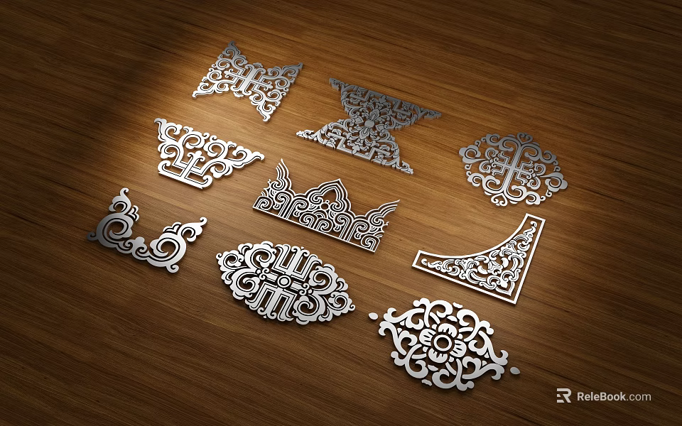 Intricate Carved Metal Ornaments With Various Decorative Patterns On Wooden Surface 3d model 