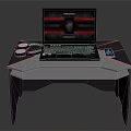 Black Red Gaming Laptop With RGB Keyboard Headphones And Mobile Phone On Modern Gaming Desk