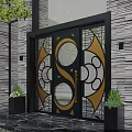 Commercial Street Entrance With Black And Gold Ornate Gate Stone Wall Plants