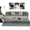 Modern Sofa and Coffee Table Set with Armchair Wall Art and Colorful Rug