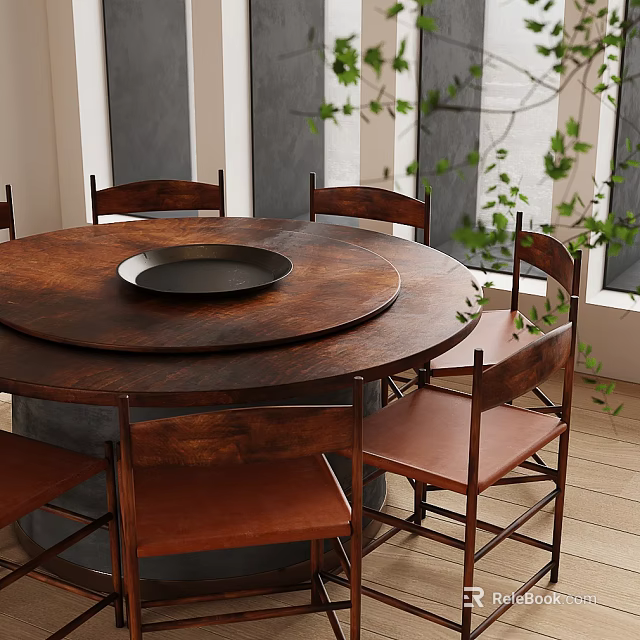 Modern Round Wooden Dining Table Set With Black Tray And Brown Chairs 3d model 