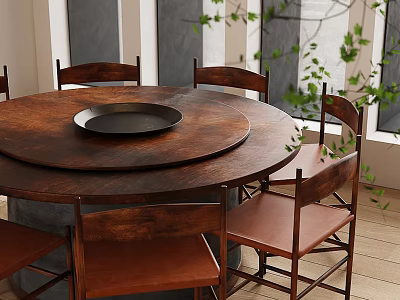 Modern Round Wooden Dining Table Set With Black Tray And Brown Chairs 3d model