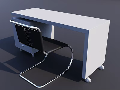 Modern Office Desk with White Tabletop Drawer and Wheels Accompanied by Black Metal Frame Chair 3d model