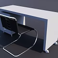 Modern Office Desk with White Tabletop Drawer and Wheels Accompanied by Black Metal Frame Chair
