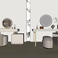 Modern Light Colored Wooden Dressing Table With Round Mirror Stool And Potted Plant Accessories