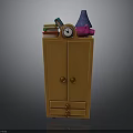 Wooden Wardrobe With Stacked Books Alarm Clock Table Lamp And Pink Decor