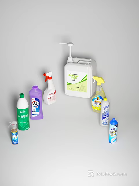 Essential Bathroom Cleaning Accessories With Hand Soap Sprays And Detergent Bottles 3d model 