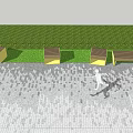 People Sitting On Outdoor Landscape Seats With Yellow Wooden Design Green Hedge And Paved Floor