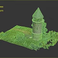 White Stone Tower With Blue Conical Roof On Green Grass With Path And Trees