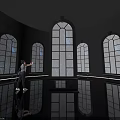 Stunning Museum Interior With Blue Patterned Glass Windows And Reflective Floor Design 3d model