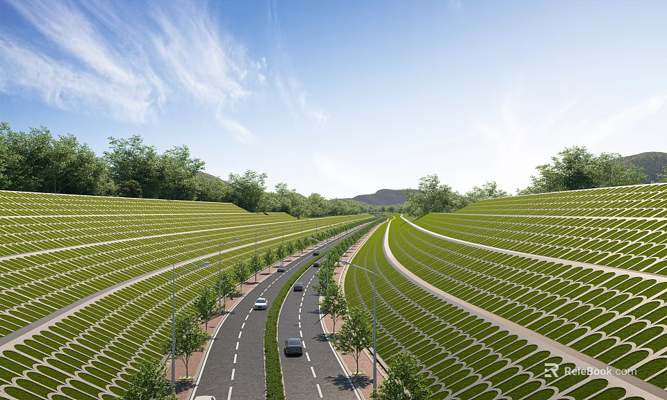 Sustainable Road Infrastructure On Hillside With Solar Panels Green Trees And Moving Cars 3d model 