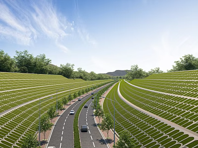 Sustainable Road Infrastructure On Hillside With Solar Panels Green Trees And Moving Cars 3d model
