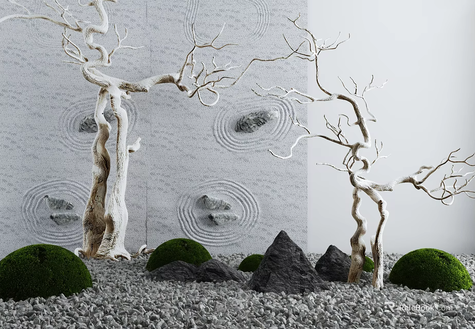 Garden Ornaments With White Branches Gray Textured Wall Circular Decorations Green Shrubs And Black Stones 3d model 