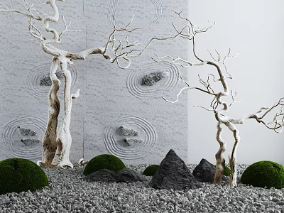 Garden Ornaments With White Branches Gray Textured Wall Circular Decorations Green Shrubs And Black Stones 3d model
