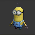 Yellow Minion Character With Goggles Blue Overalls And Serious Expression On Gray Background