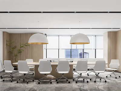 Modern Conference Room Interior With Large Windows Pendant Lights And Ergonomic Chairs 3d model