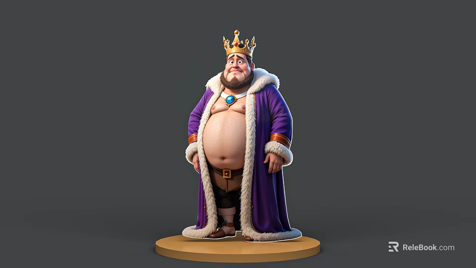 Plump King Man With Golden Crown Purple Robe White Fur Collar On Circular Base 3d model 