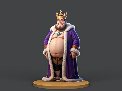 Plump King Man With Golden Crown Purple Robe White Fur Collar On Circular Base 3d model