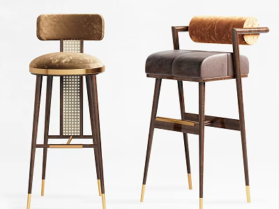 Modern Bar Stools With Velvet Seats Wooden Frames And Gold Metal Accents 3d model