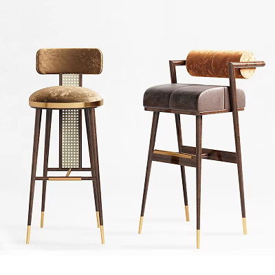 Modern Bar Stools With Velvet Seats Wooden Frames And Gold Metal Accents 3d model
