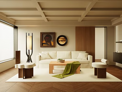 Modern Beige Living Room With Wooden Ceiling Sofa Coffee Table Floor Lamp And Round Mirror 3d model