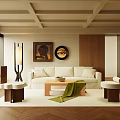 Modern Beige Living Room With Wooden Ceiling Sofa Coffee Table Floor Lamp And Round Mirror