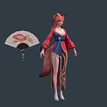 Fantasy Fox Spirit Character With Fox Ears Tail In Traditional Attire Holding Fan 3d model