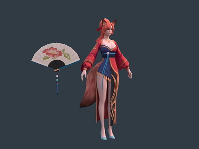 Fantasy Fox Spirit Character With Fox Ears Tail In Traditional Attire Holding Fan 3d model