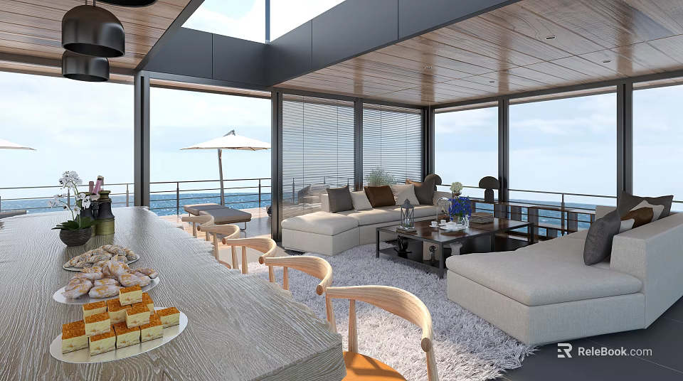 Modern Hotel Public Lounge Area With Ocean View Large Windows Wooden Ceiling And Comfortable Sofas 3d model 