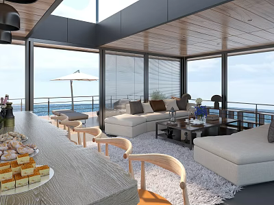 Modern Hotel Public Lounge Area With Ocean View Large Windows Wooden Ceiling And Comfortable Sofas 3d model