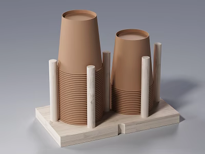 Stacked Brown Paper Cups In Wooden Holder With Vertical Supports 3d model
