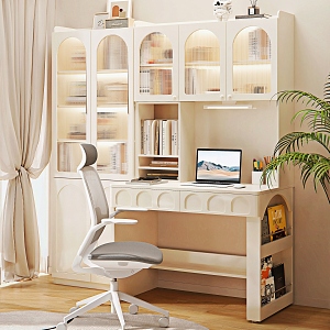 Cream Style Desk Combination Computer Chair Bookcase Book Ornaments Potted Plant Curtain 3d model