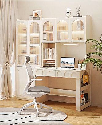 Cream Style Desk Combination Computer Chair Bookcase Book Ornaments Potted Plant Curtain 3d model