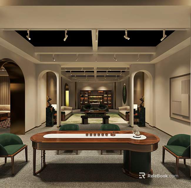 Elegant Chinese Style Lounge With Wooden Tea Table Green Chairs Arched Doorways And Display Shelves 3d model 