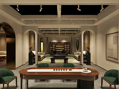 Elegant Chinese Style Lounge With Wooden Tea Table Green Chairs Arched Doorways And Display Shelves 3d model