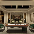 Elegant Chinese Style Lounge With Wooden Tea Table Green Chairs Arched Doorways And Display Shelves