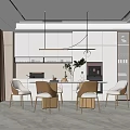 Modern Kitchen Interior Design With Dining Table Chairs Hanging Lights And Wine Rack 3d model