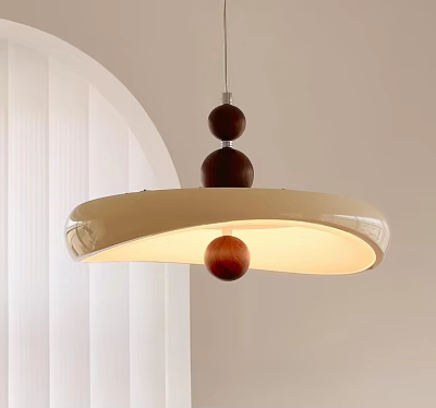 Modern Minimalist Pendant Light With Wooden Spheres And White Dome Shade 3d model