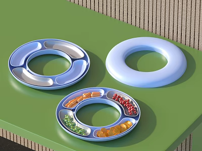 Colorful Food Snacks In Divided Circular Plates On Green Table With White Ring 3d model