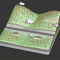 Cartoon Layered Landscape Scene With Green Hills Trees Clouds Road And Ponds