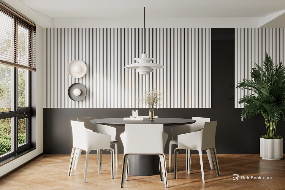 Modern Restaurant Interior Featuring Round Dining Table White Chairs Pendant Light And Striped Wall 3d model