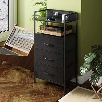 Black Three Drawer Storage Cabinet In Green Wall Room With Wooden Floor And Plants 3d model