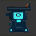 Futuristic Sci Fi Workstation with Glowing Blue Orange Lights Control Panel Display and Drawers