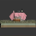 Outdoor Picnic Setup With Grass Table Checkered Tablecloth Basket Food And Drinks